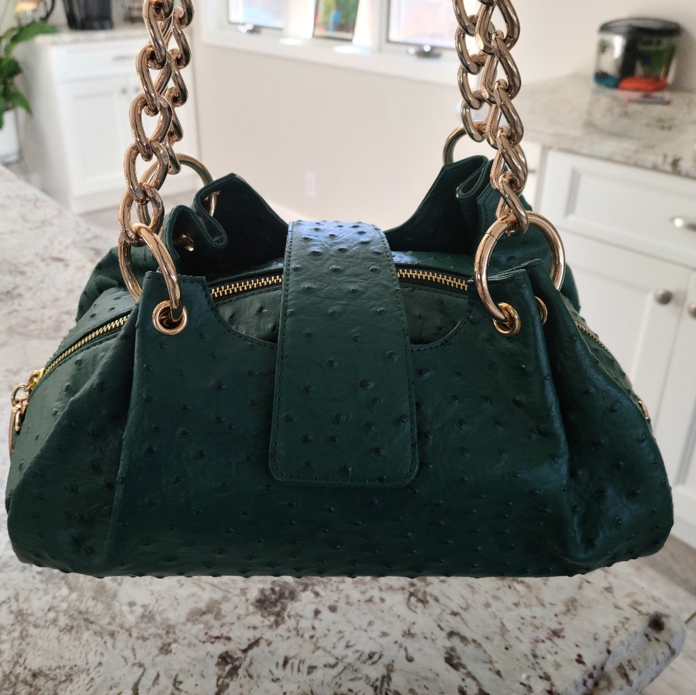 Isabella Adams Green and Gold Ostrich Print Bag